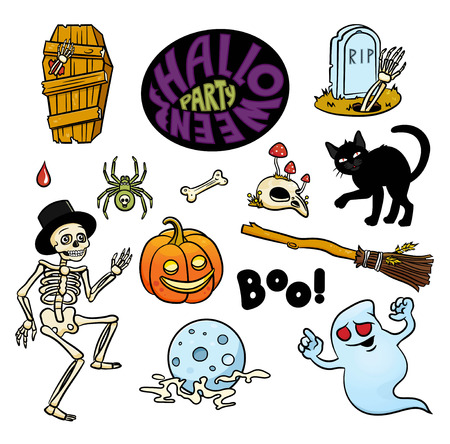 Set of Halloween characters and text "Halloween party" in cartoon style.Colored vector illustration. Can used for stickers, printing on clothes, banners, posters, web design.のイラスト素材