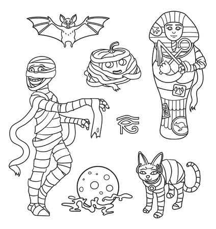 Cartoon Halloween characters set of images: Mummy, bat, moon, cat, pumpkin and sarcophagus. Vector isolated illustration. Can be used for coloring book, banners, posters, web design.のイラスト素材