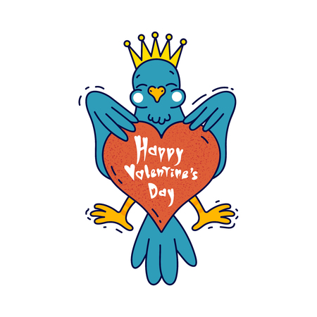 Bird heraldic emblem with big heart in cartoon style. With text Happy Valentine's day. Vector colored illustration.のイラスト素材