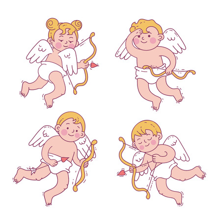 Set of cute cartoon cupids for Valentine's day or wedding. Colored vector line art illustrations.のイラスト素材