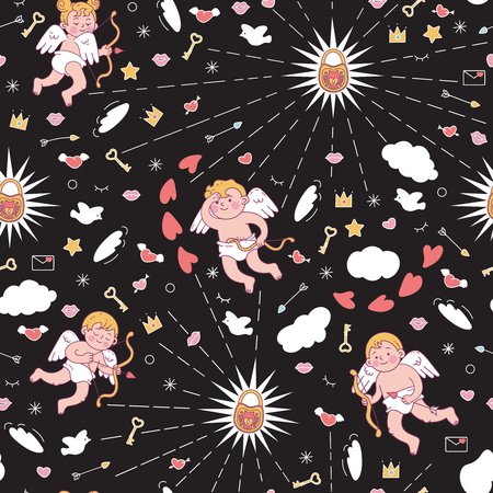 Seamless pattern with cute cupids for Valentine's day or wedding. Vector colored illustration isolated on black background.のイラスト素材