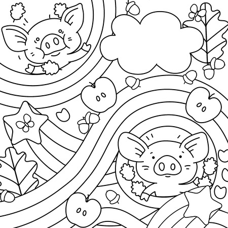Background with pigs, acorns, apples, stars and leaves.のイラスト素材