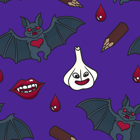Seamless pattern with vampire items: bats, vampire lips, garlic, blood drops and aspen stake. Vector illustration for Halloween.のイラスト素材