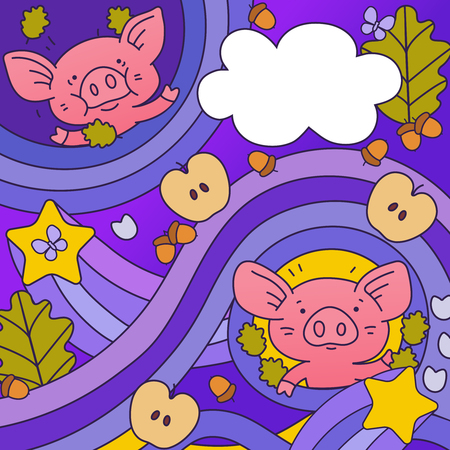 Background with pigs, acorns, apples, stars and leaves. Colored vector illustration in cartoon style.のイラスト素材