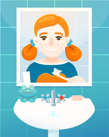 Cute girl in bathroom is brushing her teeth. Vector colored illustration, flat design.のイラスト素材