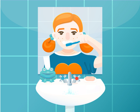 Young girl in bathroom is brushing her teeth. Vector colored illustration, flat design.のイラスト素材