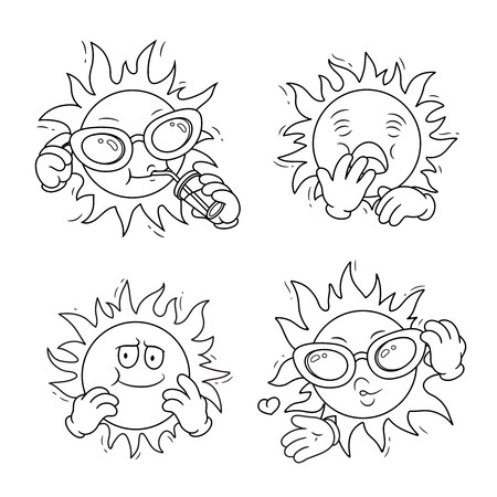 Set of cartoon sun characters.Vector isolated illustration. Can be used for coloring book, banners, posters, web design.のイラスト素材