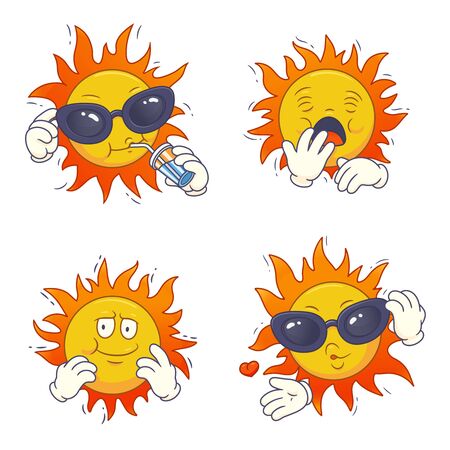 Set of cartoon sun characters.Vector isolated colored illustration. Can be used for clothing, banners, posters, web design.のイラスト素材