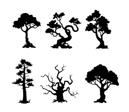 Set of trees silhouette on white background. Hand drawn isolated illustration.のイラスト素材