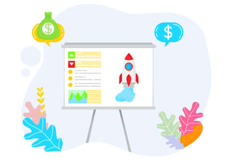 Board with icon of rocket and information and charts, presentation of product. Business strategy...