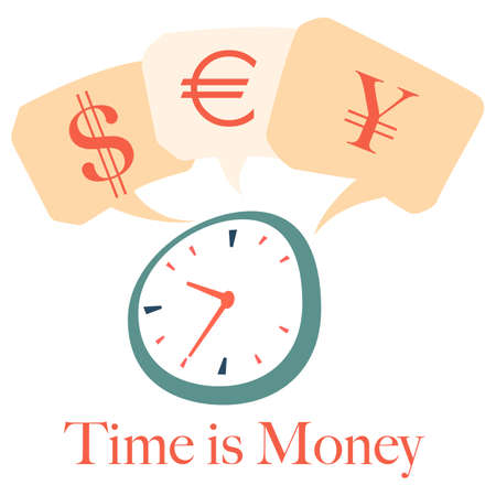 Time is money vector. Financial development and capitalization. Dollar, euro and yen deposit gaining of percents. Clock showing hours and minutes. Investment of capital flat style illustrationのイラスト素材