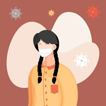 Covid-19, portrait of woman in respiratory medical mask, flying virus pathogen around. Spreading virus in air. Concept of coronavirus spreading. Girl in center of epidemy. Protected with immune systemのイラスト素材