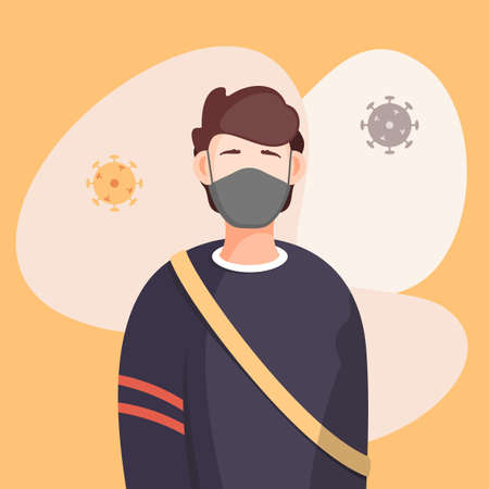 Covid-19, portrait of man in respiratory medical mask, flying virus pathogen around. Spreading virus...
