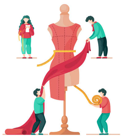 Concept of sewing workshop with designers, men seamstress measuring dress on mannequin. Flat design vector illustration of sewers with textile and measure tape making a red dress in fashion atelierのイラスト素材