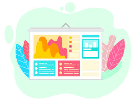 Webpage with graph report of business strategy. Web window with colorful growth graph and links icons on leaves. Development innovation for marketing technology. Leadership symbol on white vectorのイラスト素材