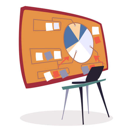 Workplace in office vector illustration. Table with laptop, personal computer for work. Data analysis, diagram on board with segments and explanation. Whiteboard with project information and stickersのイラスト素材