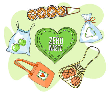 Vector poster in eco style with text in center in green heart. Zero waste, use recycling, textile or mesh bags for products. Cartoon text or phrase with ecology concept. Eco slogan at green backgroundのイラスト素材