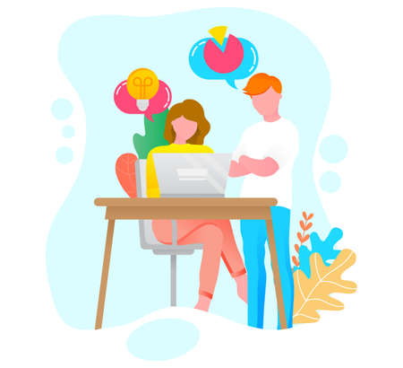 Man and woman communication with computer, discussing diagram report and creative business strategy. Workers cooperating and working with laptop. Professional partnership and successful work vectorのイラスト素材