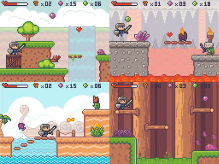 Pixel game adventure arcade. Pixelated swordsman prince running. 8 bit quest gameplay scene with ground, lava, grass, trees, sky, clouds, character. Game levels. Indie retro video-game arcade elementsのイラスト素材