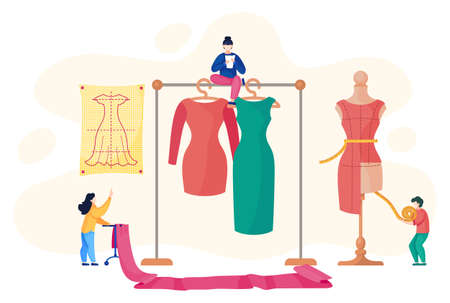 Sewing workshop with designers near rack with dresses. Seamstress measure dress with centimeter at mannequin. Woman with papers control process of dressmaking. Sketch with fashionable dressesのイラスト素材