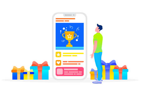 Big smartphone and man looking at screen. Victory trophy cup on screen of gadget. Presents with wrapping paper and decorative ribbon bows. Male playing game on mobile phone, successful result vectorのイラスト素材