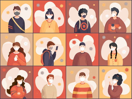 Covid-19, portrait of people in respiratory medical mask, flying virus pathogen around. Spreading virus in air. Coronavirus spreading. Girl and guy in center of epidemy. Protected with immune systemのイラスト素材