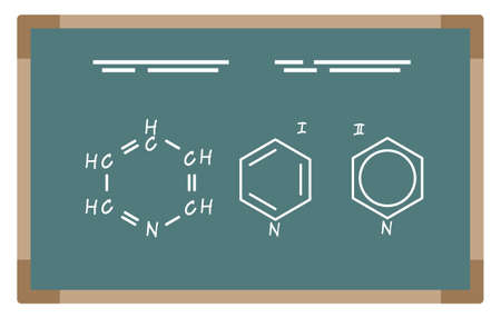 Molecular formula on chalkboard. Chemical elements on blackboard. Chemistry lessons or experiments conduction. Results of scientific researches. Substance properties analysis, vector in flatのイラスト素材