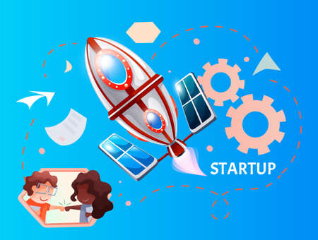 Funny cartoon illustration with space rocket launch. New business project concept of working people...