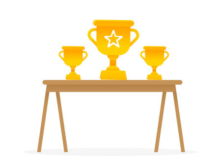 Wooden table with golden trophies on it. Reward for winner, best in competition. Championship ceremony with prize. Three metal cups isolated on white background. Vector illustration in flat styleのイラスト素材