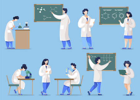 Set of scientists and researchers. Isolated collection of characters. Chemistry lessons in uni or college, professors and students. Lab with blackboards and equipment for classes, vector in flatのイラスト素材