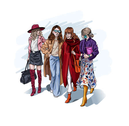 Female character wearing luxury stylish clothes walking holding hands. Close friends with fashionable lifestyle, clothing and accessories. Ladies in dresses and coats, hats and trousers vector sketchのイラスト素材