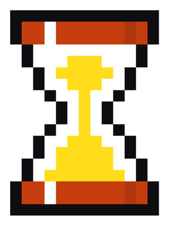 Pixel art hourglass isolated cartoon vector illustration. Sandglass object for measuring time. Sand clock, a glass transparent vessel with sand pours down. Hours and minutes counter pixel grafic styleのイラスト素材
