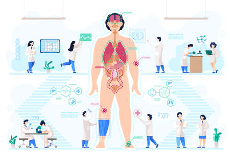 Growing body parts in medical laboratory, doctors and scientists vector. Human anatomy, great scientific achievement, lab-grown bioartificial organs. Scientific research and medicine illustrationのイラスト素材