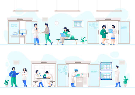 People in laboratory conducting experiment, scientists in white coats in science lab. Male and female researchers, scientific research. Testing equipment, Biology and Chemistry. Medical laboratoryのイラスト素材