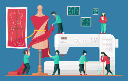 Sewing workshop with designers at sewing machine background. Seamstress working with red fabric. Flat design vector illustration of sewers with textile and ruler in atelier, people communicatingのイラスト素材
