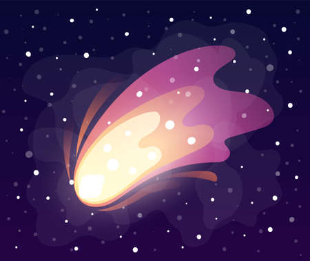 Space meteorite or comet at bright stars background. Concept of space icon for computer game. Space elements. Galaxy theme. Flying fire in galaxy, flying flash. Vector illustration in cartoon styleのイラスト素材