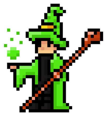 Wizard or mage in green mantle and hat with a staff. Man conjures, holding bubbles in hand. Pixel character for mobile game, 8bit abstract object. Icon for computer, phone game, videogame in 80s styleのイラスト素材