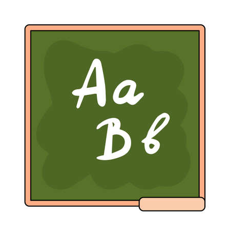 Cartoon green school board with A, B letters, study at school or college. White chalk text, alphabet, ABC. Square chalkboard icon. Vector illustration of schoolboard with wooden frames and pedestalのイラスト素材