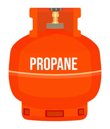 Isolated gas container with propane. Compressed gas in tank with regulator under high pressure. Balloon filling gas liquid, fuel. Cartoon illustration. Orange gas tank at white. Dangerous, explosiveのイラスト素材