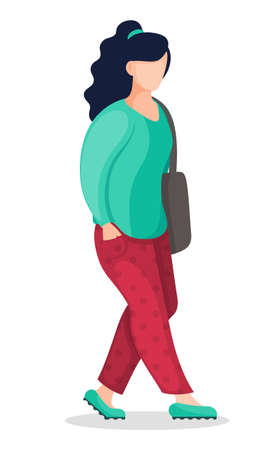 Vector illustration of young brunette woman with ponytail wearing green shirt, red trousers with bag at shoulder. Portrait of cartoon character in casual cloth. Young girl isolated at white backgroundのイラスト素材