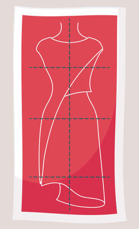 Cartoon tailor pattern of fashionable cloth. Pattern of elegant dress at red background with marked fields and dotted line. Concept of modern pattern in sewing shop. Vector of elegant dressのイラスト素材