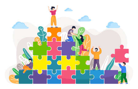 Ecological puzzle pyramid, mutual help of people, build new clean world, clear sky, cooperation, people live in peace with nature, plant trees, teamwork, relax, eco friendly design for presentationのイラスト素材