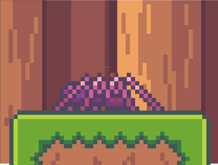 Pixel game interface. Spider at green grass on the ground in forest or wood. Pixelated monster npc in mobile game. World of 8-bit game, graphics in 80s style, danger for hero, attacking monsterのイラスト素材