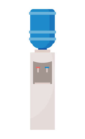 Water cooler flat vector icon. Gray water cooler with blue full bottle and cup on white background. Gray white plastic equipment for heating and cooling water in office. Refrigerant machine for waterのイラスト素材