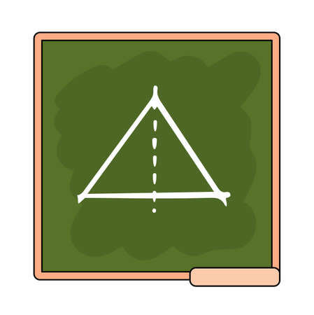 Cartoon green school board with sliced with dotted line triangle. Study at school or college. Geometry lesson. Square chalkboard icon. Vector illustration of schoolboard with wooden frame and pedestalのイラスト素材
