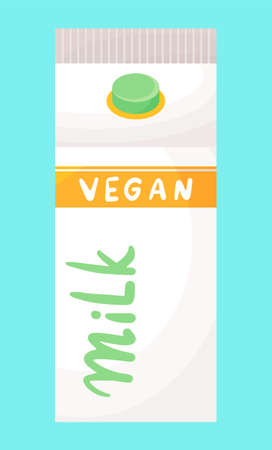 Paper or carton pack, box with plastic cap. Vegan milk at turquoise background. Natural milk product. Illustration in cartoon style. Organic dairy free product, nut or soy milk, flat style, isolatedのイラスト素材