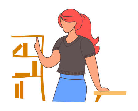 Vector woman in flat style icon. Female character leans on the table indoors with a bookcase. Girl shows stop gesture or holds a greetings hand. Businesswoman or student, office worker or employeeのイラスト素材