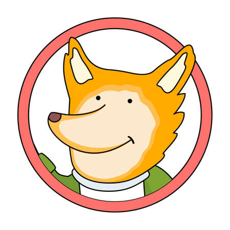 Cute animal avatar, in circle isolated at white background. Portrait of smiling fox. Cartoon character isolated in red circle. Foxy head.のイラスト素材