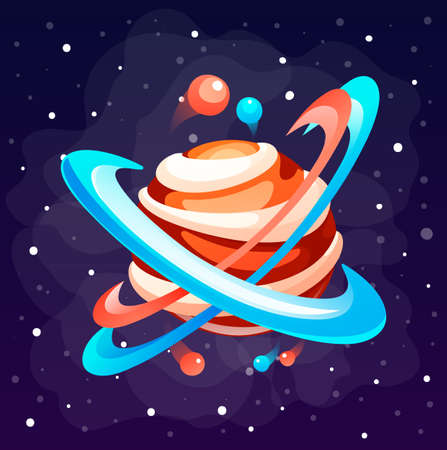 Cartoon icon of planet with circles of orbit. Cute unknown planet element. Colorful space planet isolated at space background. Galaxy or cosmos theme. Icon of mobile, computer game, mystical planetのイラスト素材