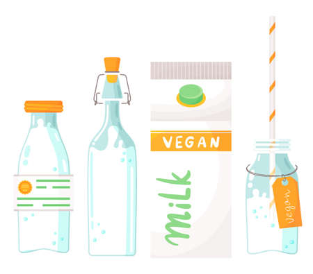 Plant-based vegan milk. Healthy cow alternative to lactose milk, an environmentally friendly product lactose free. Milk replacement banner with set of nutty milk in glass bottles and in paper boxのイラスト素材